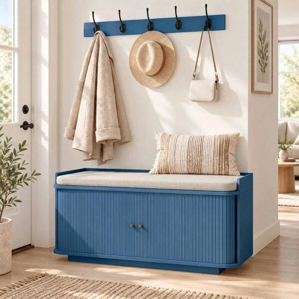 Bobobiy Hallway Storage Unit, Hallway Furniture Set with Shoe Storage Cabinet and 5 Hooks Coat Rack, Blue - Blue