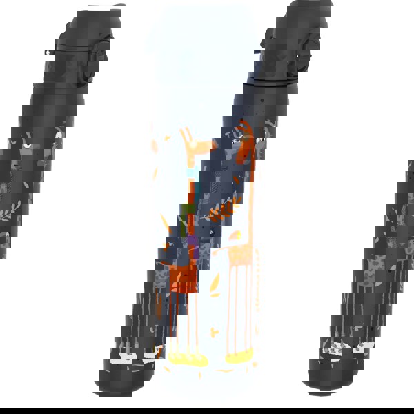 A dark-blue water bottle, featuring illustrated giraffes wearing boots and scarves, stands against a white background.