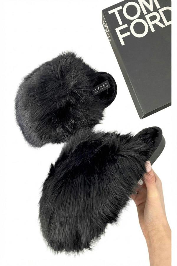 Nadia Fluffy Faux Fur Slippers - Black_wb