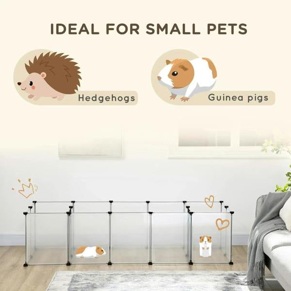 White small animal playpen enclosure with clear panels and front mesh gate