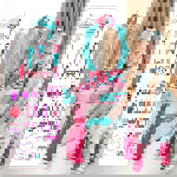 deAO Toys Princess Vanity Table Set with LED Lights & Sound – Kids Makeup Toy for Girls, Perfect Birthday Gift (Pink)