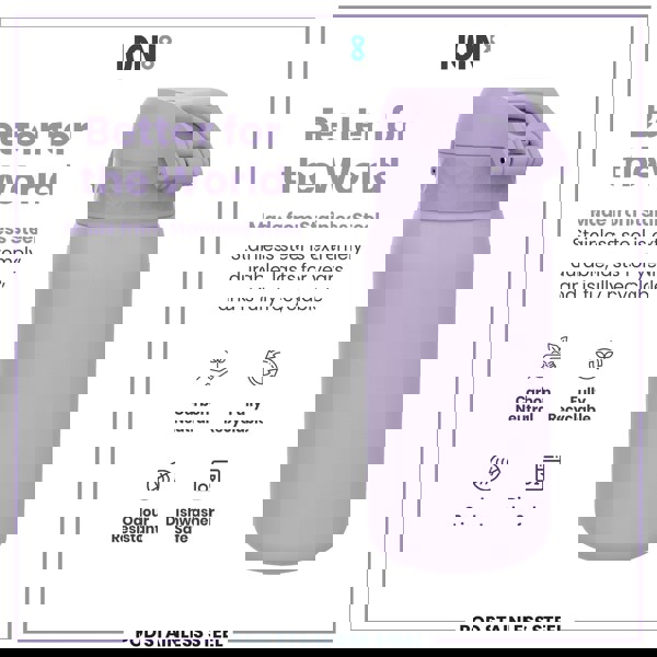 A lavender stainless steel water bottle sits against a white background. The bottle is displayed alongside text advertising its durability, recyclability, and other features.