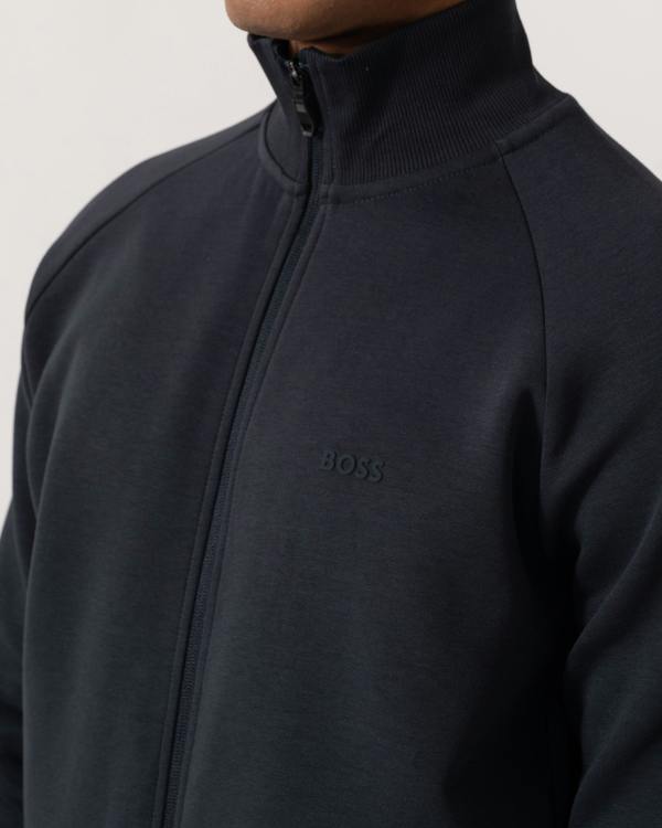 Close up of BOSS Green Skaz Mens Full Zip Funnel Neck Sweatshirt with Tonal Logo - Dark Blue 402