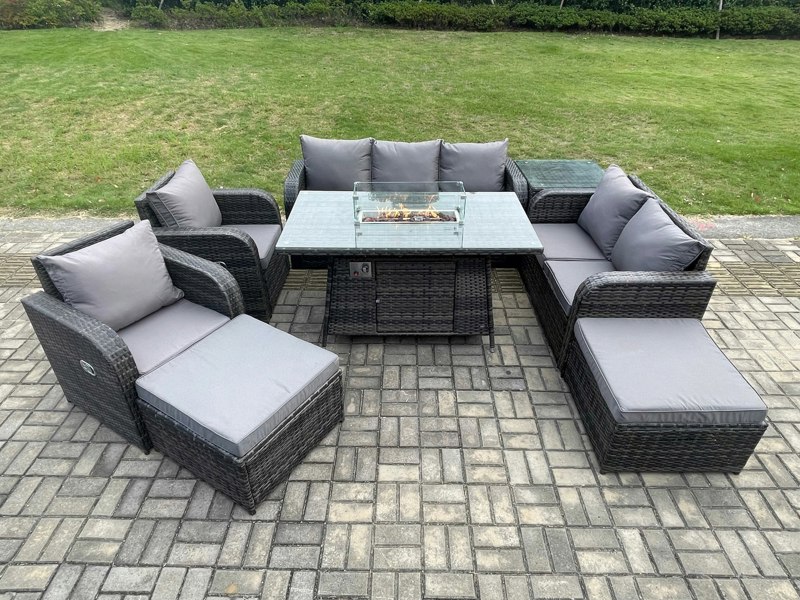 Fimous Rattan Outdoor Garden Furniture Set with Gas Fire Pit Table, 2 Sofas, 2 Chairs, 1 Side Table,  2 Footstools - 9 Seater - Dark Grey