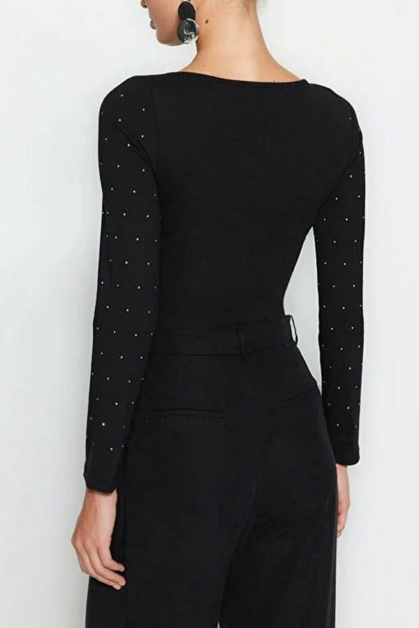 WOVCOR Cotton Knit Bodysuit with Shiny Stone Detail