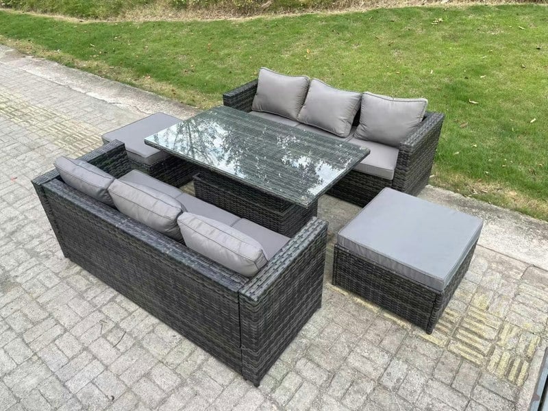 Fimous 8 Seater Wicker PE Rattan Sofa Garden Furniture Set Outdoor Adjustable Rising Lifting Dining Table Set with 2 Big Footstools Dark Grey Mixed