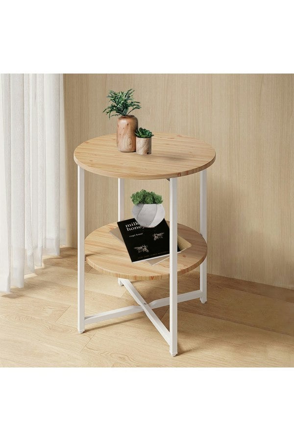 Living and Home Log Colored Small Round Coffee Table with 2 Tier