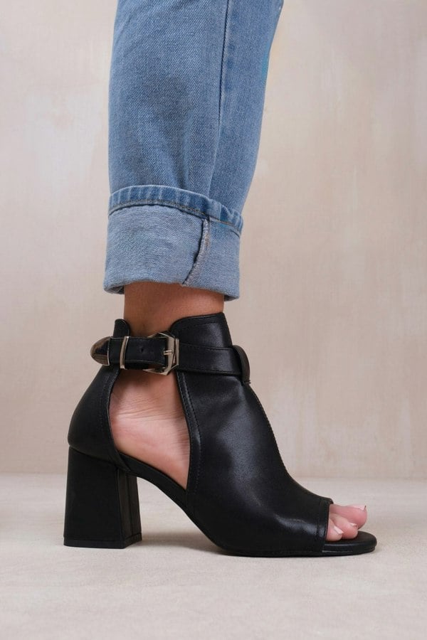 Where's That From Lisa Wide Fit Block Heel With Side Buckle and Open Toe Front in Black Faux Leather