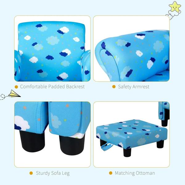 Blue kids armchair with cloud-and-star print, padded backrest and safety arms