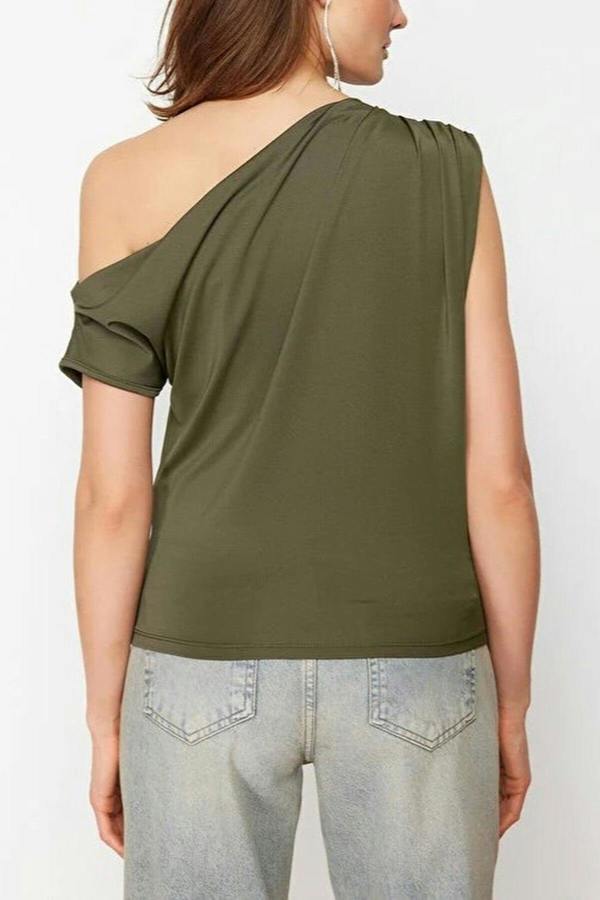 WOVCOR Asymmetrical Collar Knit Blouse