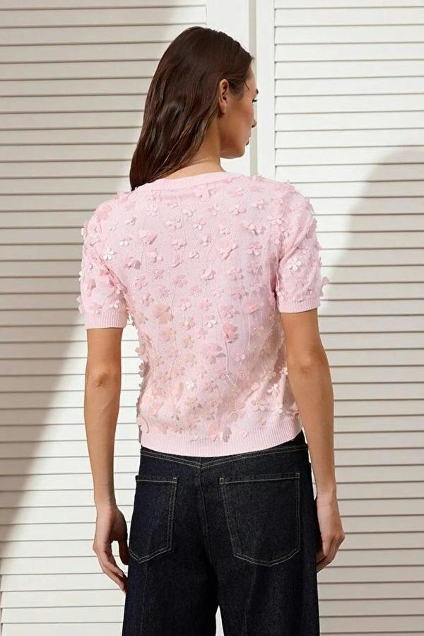 WOVCOR Three-Dimensional Flower Detail and Tulle Knitted Blouse
