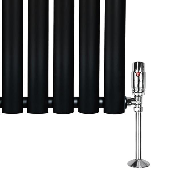 Sleek black oval single column radiator with polished chrome valves, featuring smooth, rounded edges and a modern design