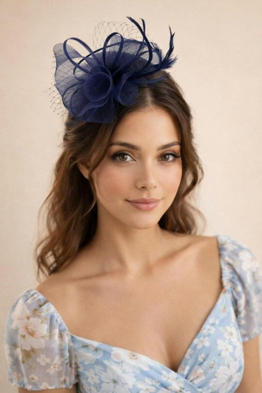 SVNX Double Flower Feather Fascinator in Navy
