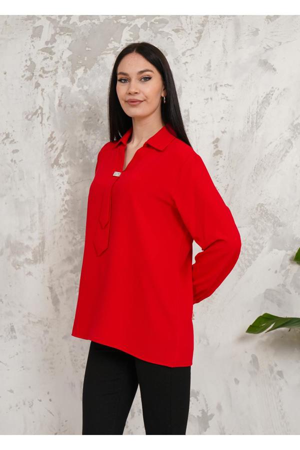 Hoxton Gal Relaxed Fit Long Sleeve Blouse with Tie Detail in Red