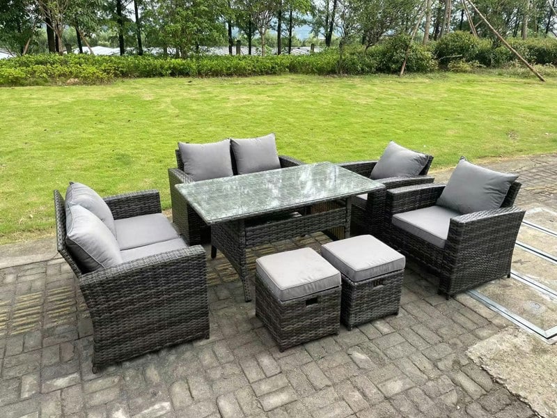 Fimous 8 Seater High Back Dark Grey Mixed Rattan Sofa Dining Table Set Garden Furniture Love Sofa Arm Chair Stools