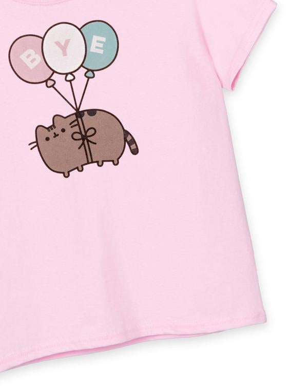 Pusheen Girls Pink Bye Balloons Short Sleeved T-Shirt