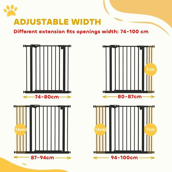 Black safety gate diagram showing adjustable width extensions