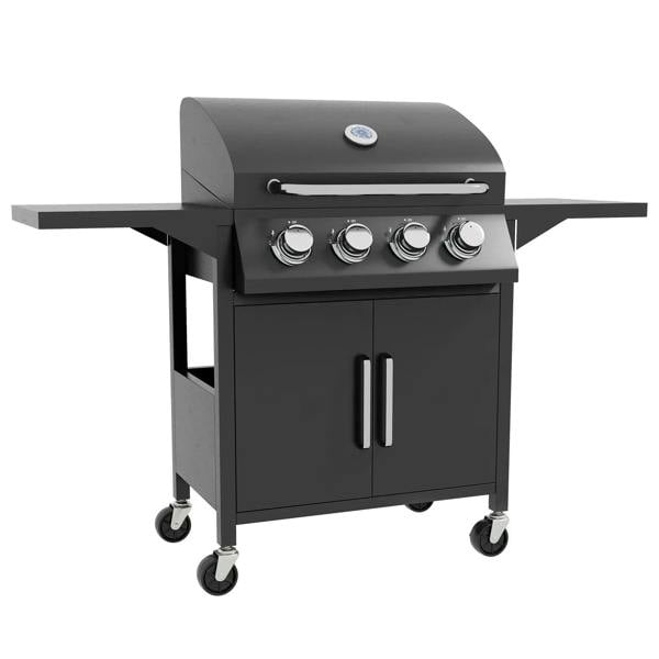 Black 4-burner gas BBQ grill trolley with side shelves, thermometer, and storage cabinet doors