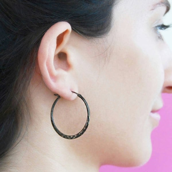 Hammered Oxidised Silver Small Hoop Earrings