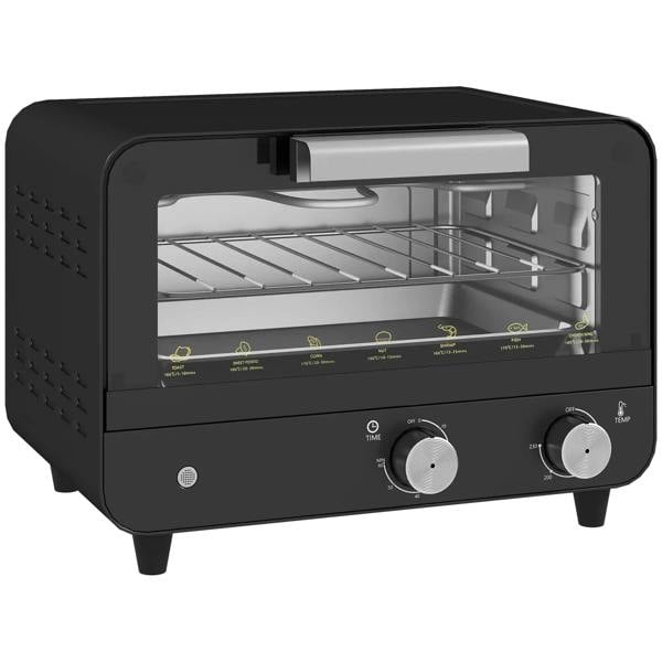 Black mini countertop toaster oven with glass door, racks, and two control knobs