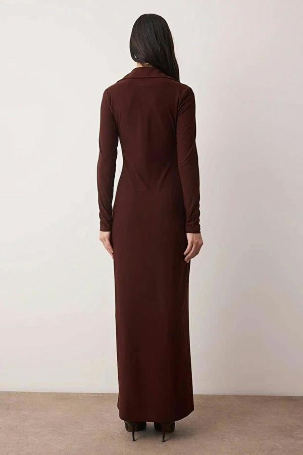 WOVCOR Polo Collar Buttoned Bodycon Maxi Knit Shirt Dress