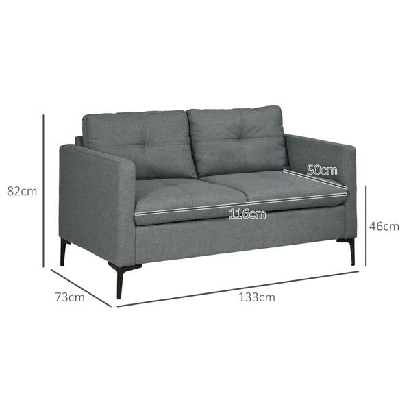 Dark grey two-seater sofa with tufted backrest, padded arms, and steel legs