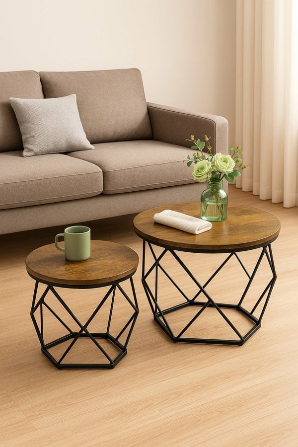 Set of 2 round industrial coffee tables with black metal frames and rustic wood tops

