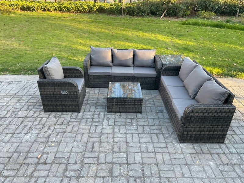 Fimous Outdoor Rattan Garden Furniture Set Conservatory Patio Sofa Coffee Table With Reclining Chair Side Table Dark Grey Mixed