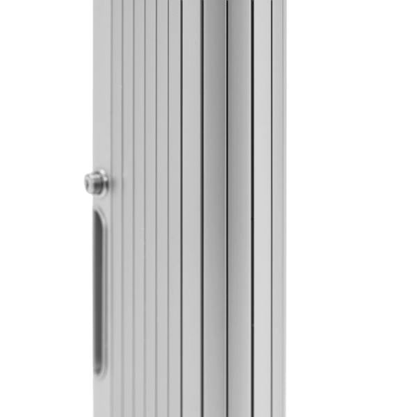 Sleek silver Tambour shower door featuring vertical slats, a smooth finish, and a modern handle for easy access