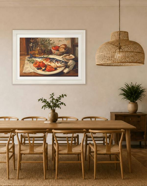 Exceptional Art Mediterranean Fish Supper - Cream Hurstwood Frame