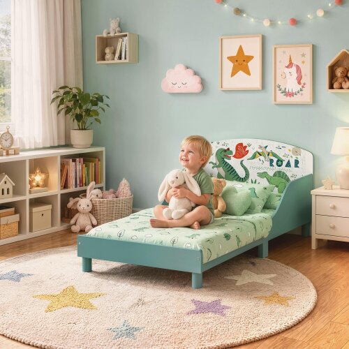 AIYAPLAY Toddler Bed with Bedside Storage, Guard Rails