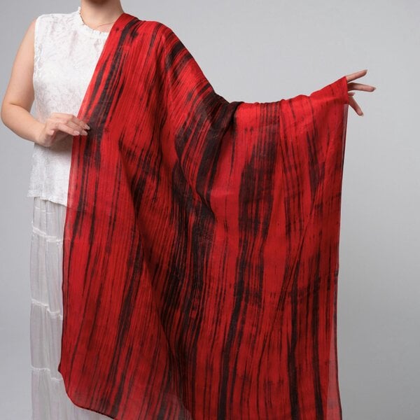 Red & Black Brushstroke Silk Scarf – Hand-Dyed Mulberry Silk, Evening Wrap & Gift