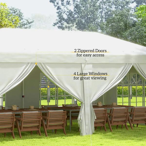 White pop-up gazebo with two zippered doors and large window panels