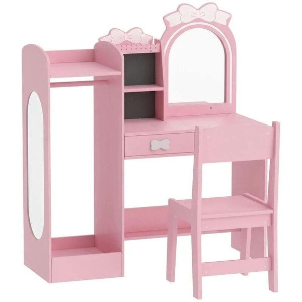 Kids Dressing Table, 3-in-1 Kids Vanity Set with Stool, 2-Colour Lights Mirror, Clothes Rack for Ages 3-8, Pink