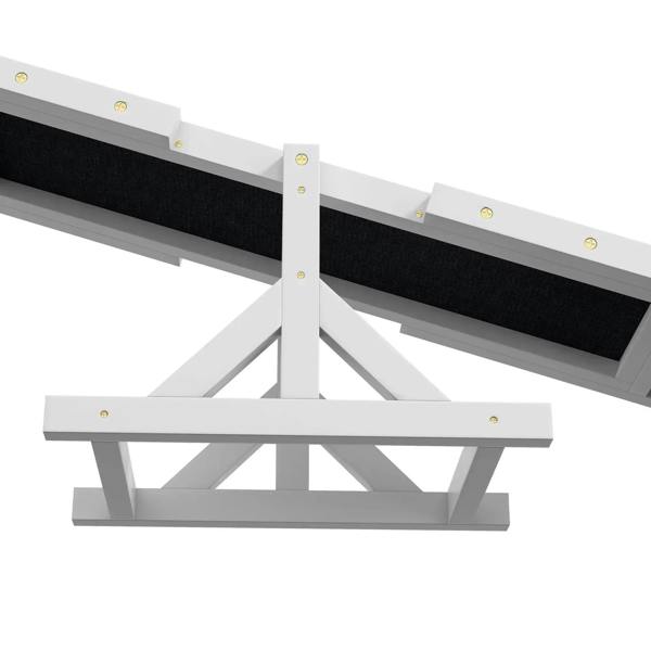 White wooden pet seesaw underside with central frame supports and metal fasteners