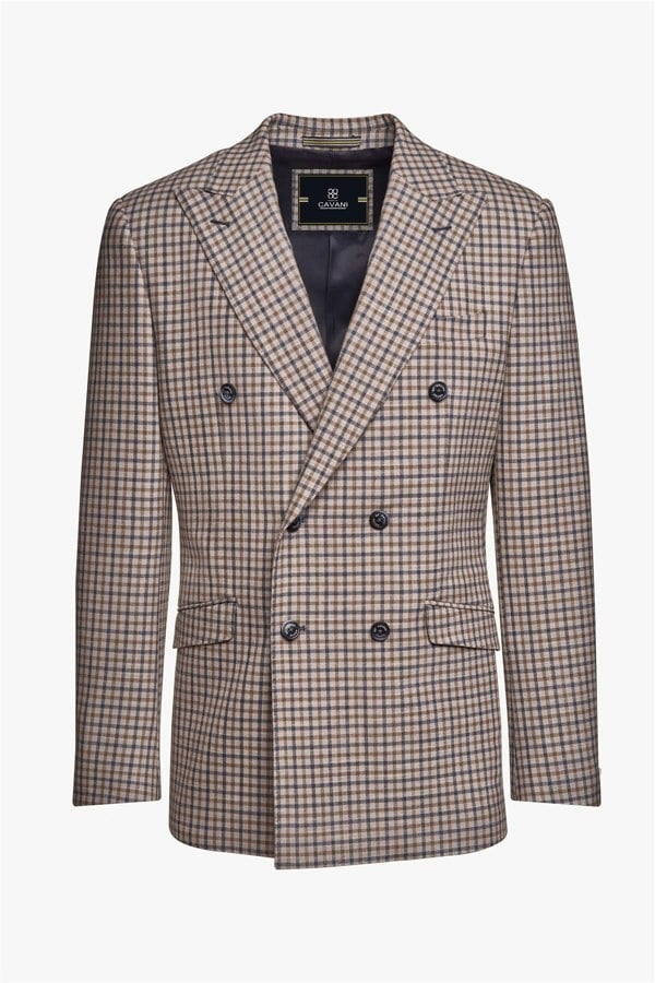 House of Cavani Sergio Double Breasted Gingham Blazer - Beige