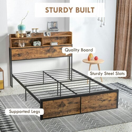Wyld Haus Sata 4FT8 Rustic Brown and Black Industrial Double Bed Frame with Shelves