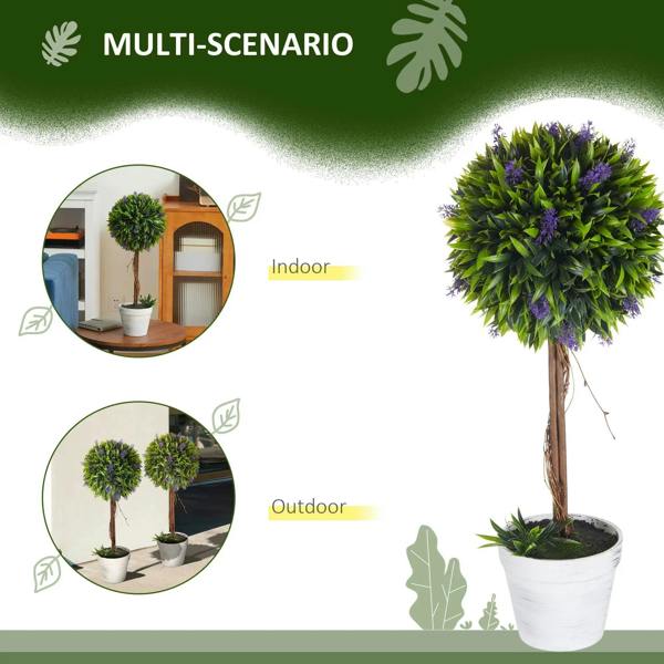 Artificial ball tree set, green foliage with purple blooms, shown in white pots