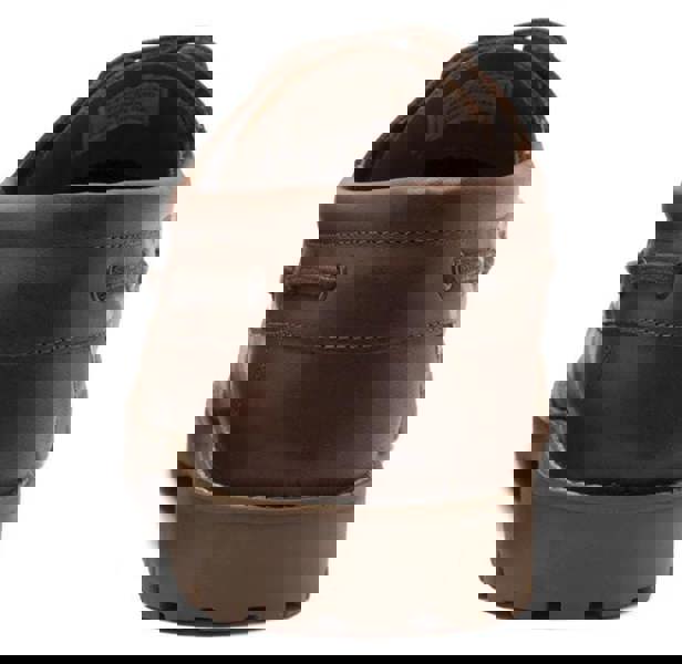 Thomas Crick Cape Mens Smart Casual Leather Lace Up Boat Shoes, close-up view showing the back of the brown leather shoe with stitching details and rugged sole.