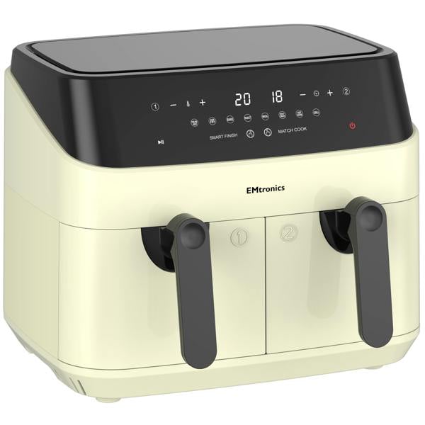 EMtronics Double Basket Air Fryer 9 Litre with 99 Minute Timer - Cream