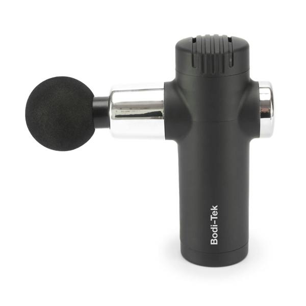 A black and silver Mini Deep Tissue Massage Gun with a round foam attachment is shown against a white background.
