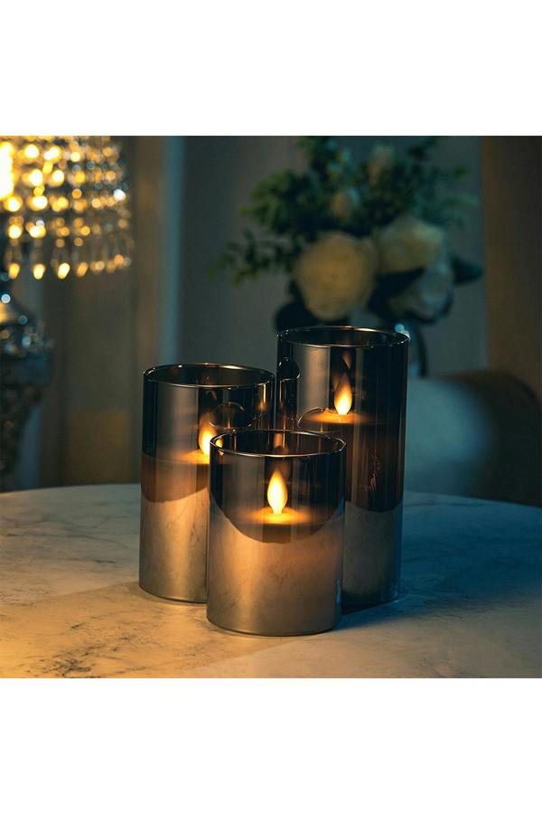 3Pcs Smoke Grey Glass Flameless LED Candles Realistic Swaying Flame Pillar Candles with Remote Control & Timer for Wedding Christmas Home Decor