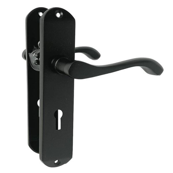 EDH Door Hardware EDH Cadenza Matt Black Victorian Scroll Door Handles – Lever Lock Backplate 178mm x 38mm