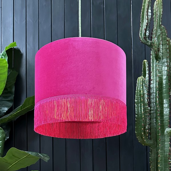 love frankie raspberry velvet lampshade with gold lining and fringing