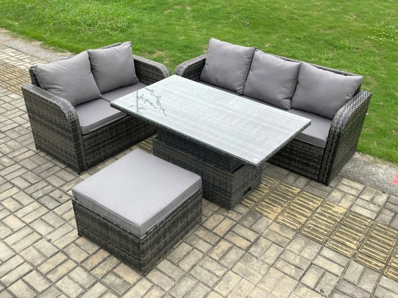 Fimous Outdoor Rattan Garden Furniture Sets Height Adjustable Rising lifting Dining Table Lounge Sofa Set With Big Footstool Dark Grey Mixed