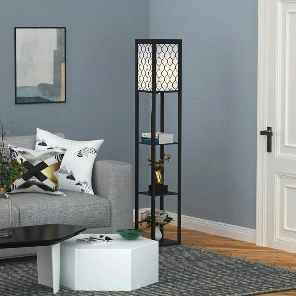Black 4-tier standing shelf lamp with lattice lampshade and open storage tiers