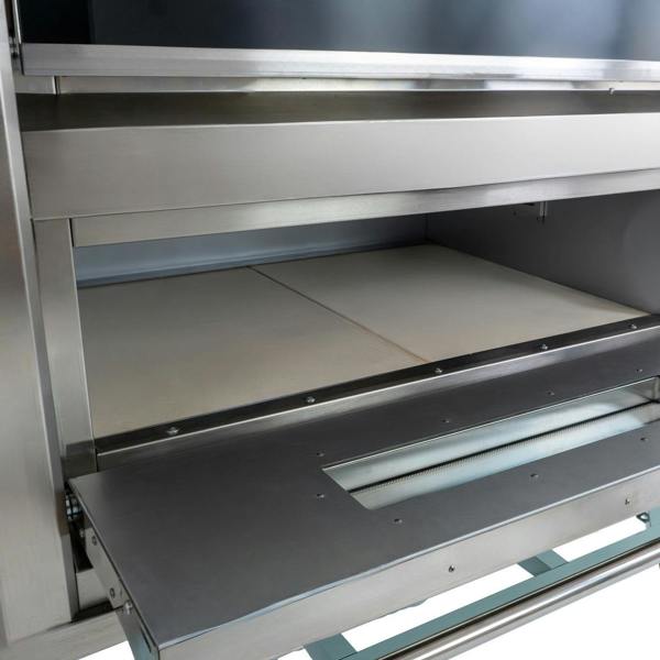 Large commercial pizza oven with stainless steel exterior, spacious baking chamber, and ceramic stone base for even heat distribution