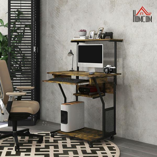 Multi-storage work desk with sliding keyboard tray, top shelf, side panels, and desk frame