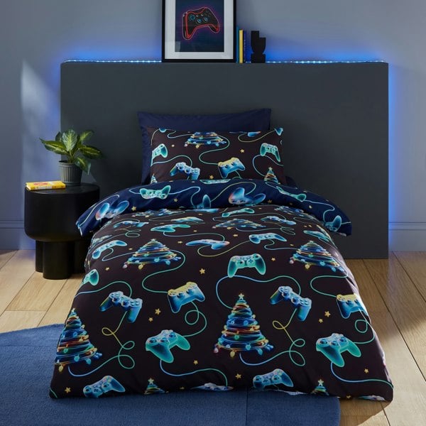 Catherine Lansfield Christmas Gamer So Soft Reversible Duvet Cover Set Navy Blue
