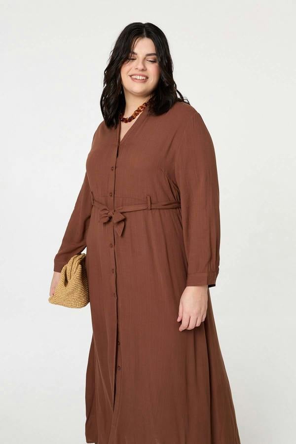 Brown | Curve Long Sleeve Tie Waist Maxi Dress